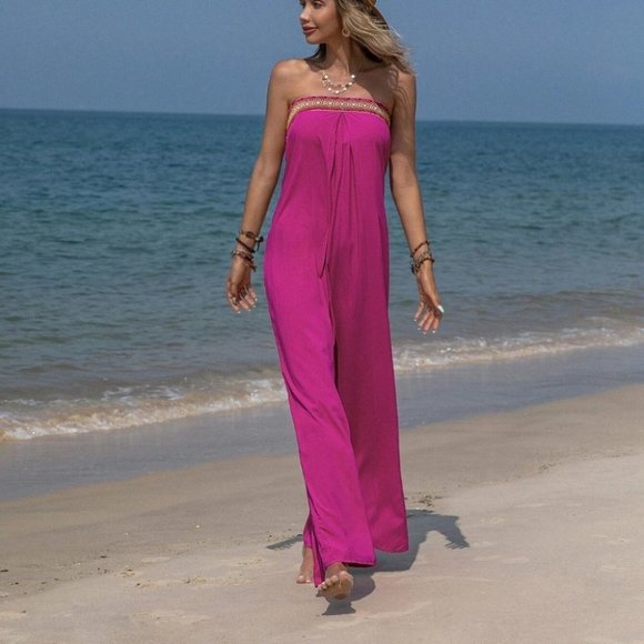 Pink Preppy Womens Contrast Geo Embroidery Tape Tube Wide Leg Jumpsuit - Picture 3 of 5